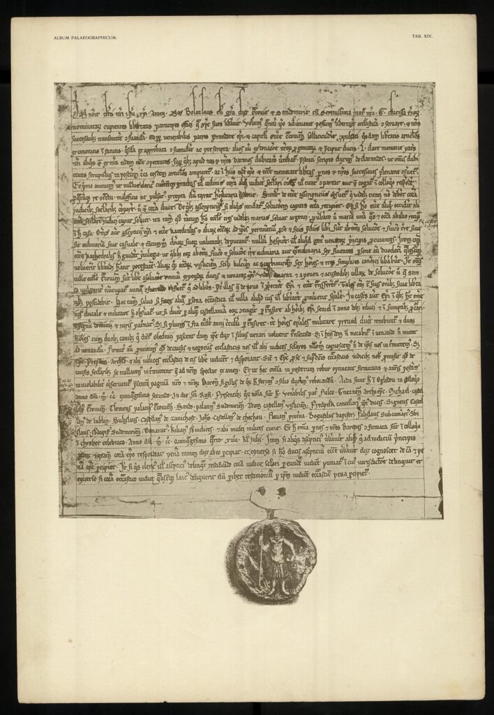 Przywilej księcia Bolesława Wstydliwego dla katedry krakowskiej z 1252 r., autotypia, w: Album palaeographicum, wyd. S. Krzyżanowski, Cracoviae 1907, tabl. XIV