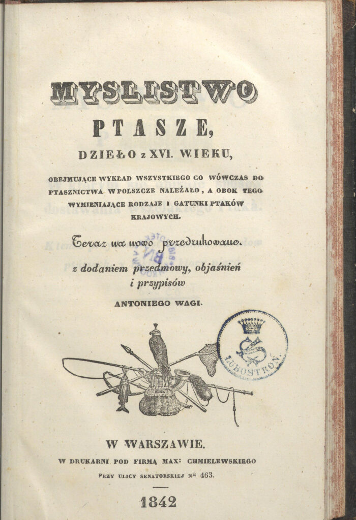 Strona tytułowa wydania Myślistwa ptaszego Antoniego Wagi (1842)