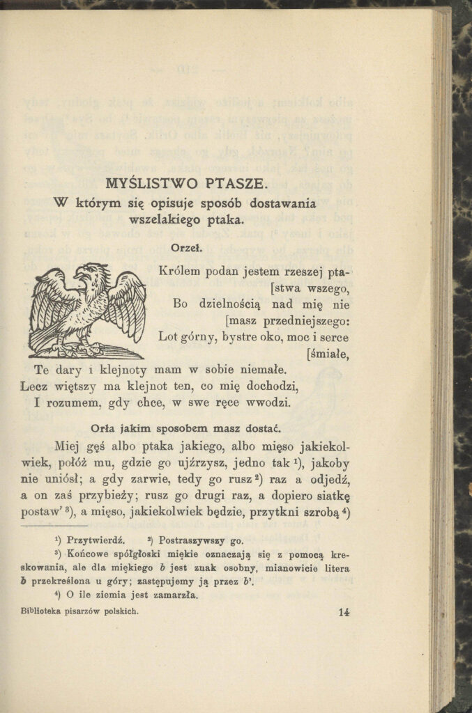 Strona z wydania Myślistwa ptaszego Józefa Rostafińskiego (1914)
