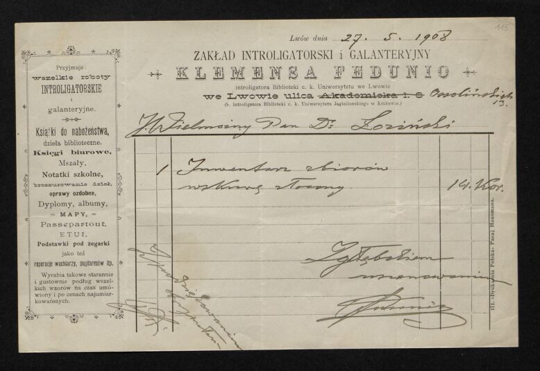 Papier firmowy introligatora Klemensa Fedunio